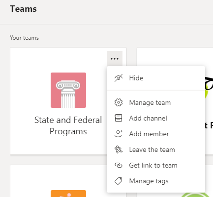 Teams State and Federal Programs Manage team Add channel Add member Leave the team Get link to team Manage tags